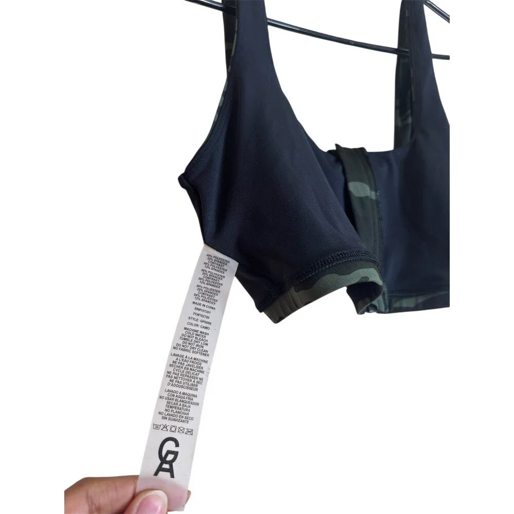 Good American Sports Bra Womens Size 3 Black Green Camo Zip Front High - Picture 5 of 7